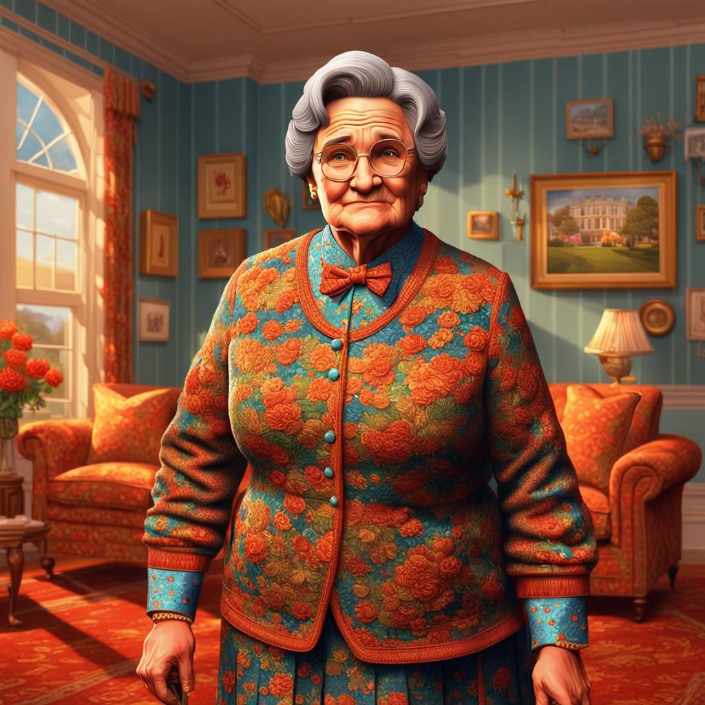 Hyperrealistic Mrs. Doubtfire in Detailed Living Room