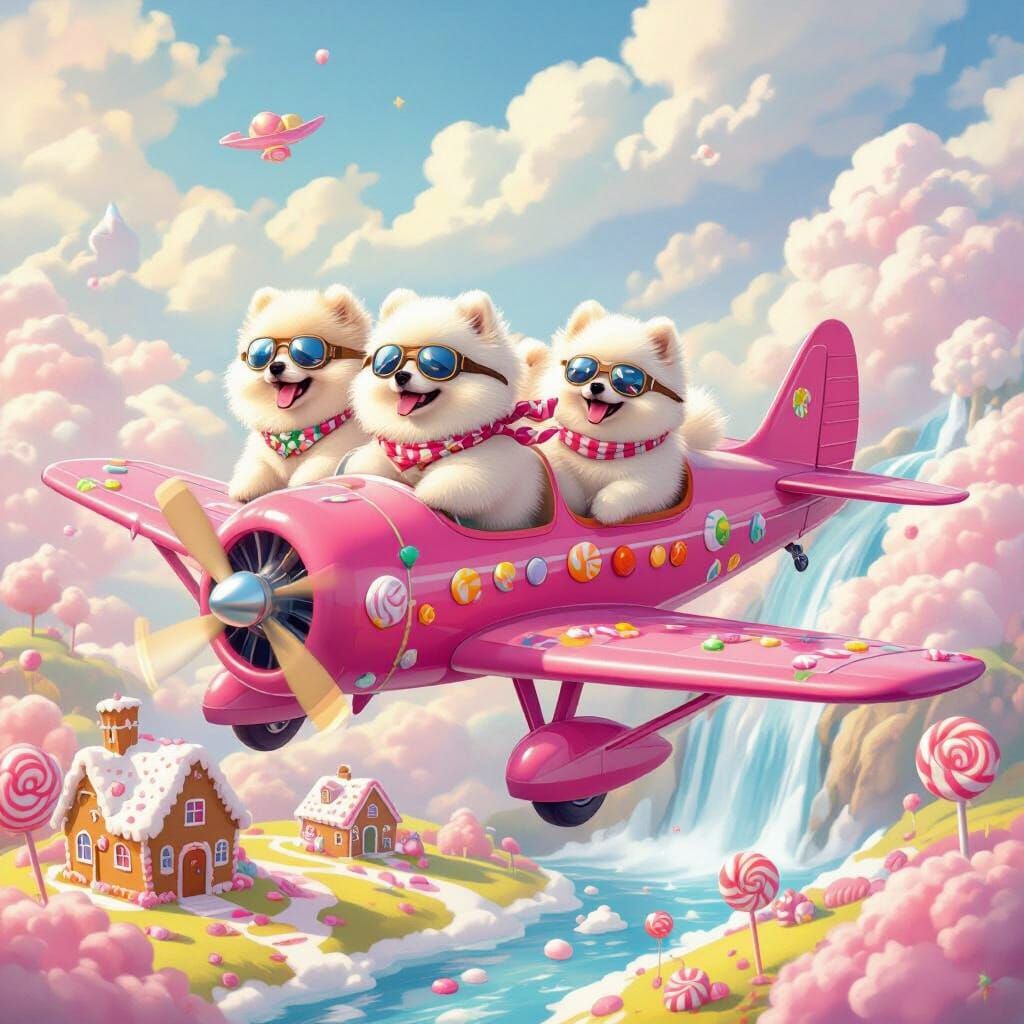 Pomeranian Pilots Fly Candy Plane Over Whimsical Candy Land