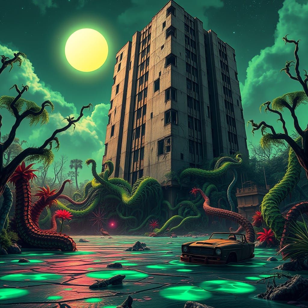 Cyberpunk Cityscape Swallowed by Bioluminescent Jungle