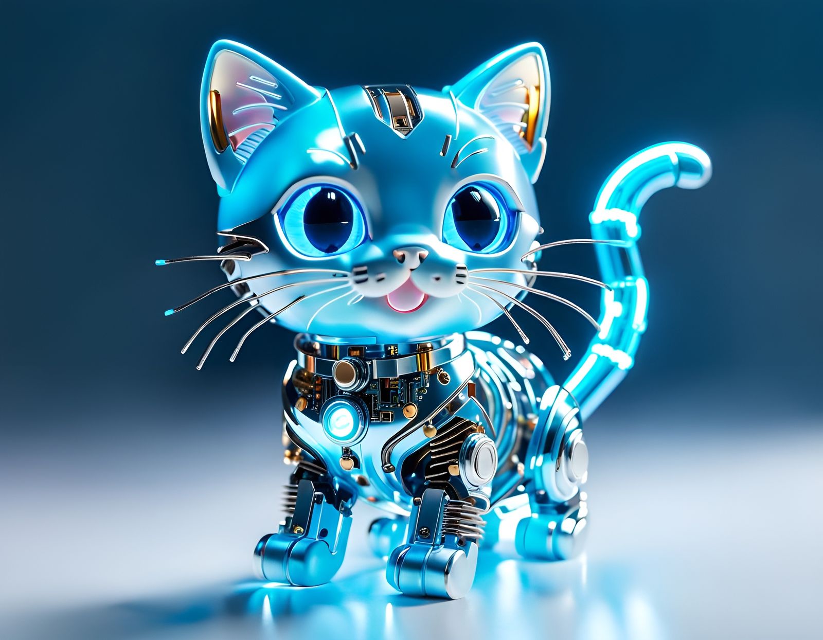 Adorable Glowing Circuit Board Kitten in 3D Digital Art