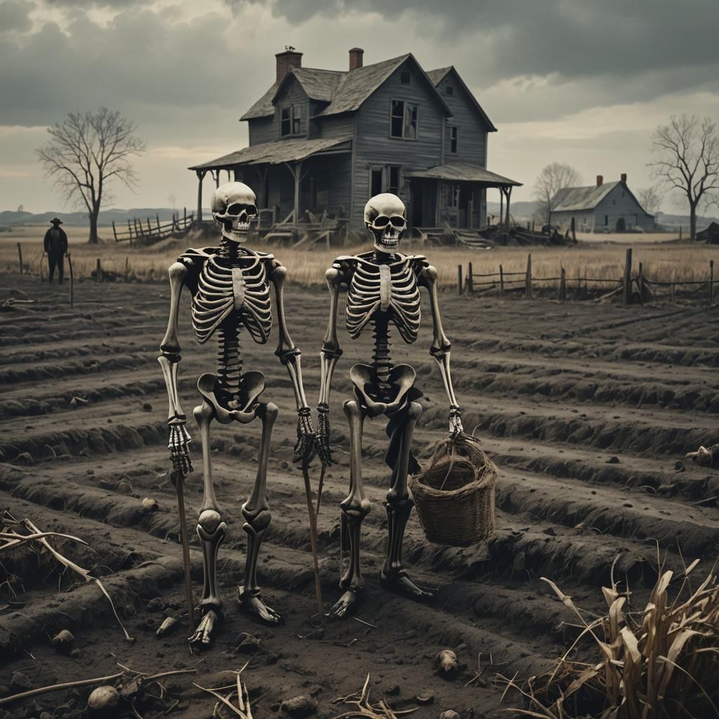 Skeletal Farmer Family in Barren Landscape, Monochromatic Oi...