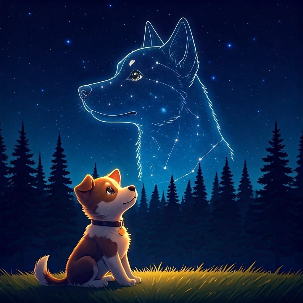 Puppy and Mother Dog Constellation in Anime Style