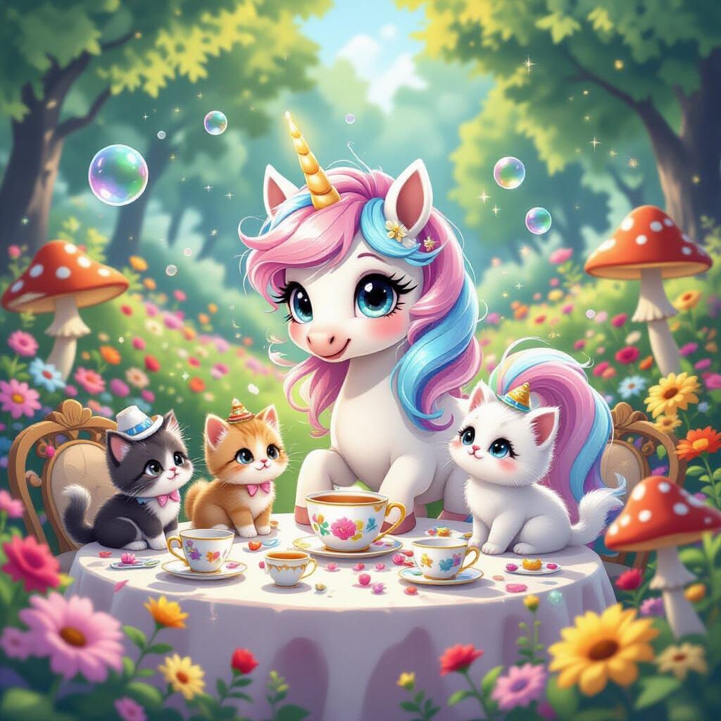 Celestial Alicorn's Whimsical Tea Party: Ghibli Cartoon Styl...