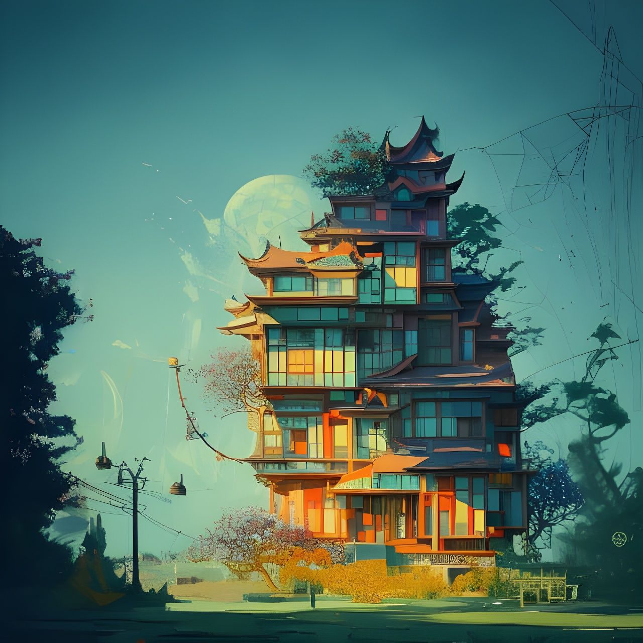 Surrealist House with Strange Architecture in Japanese Art S...