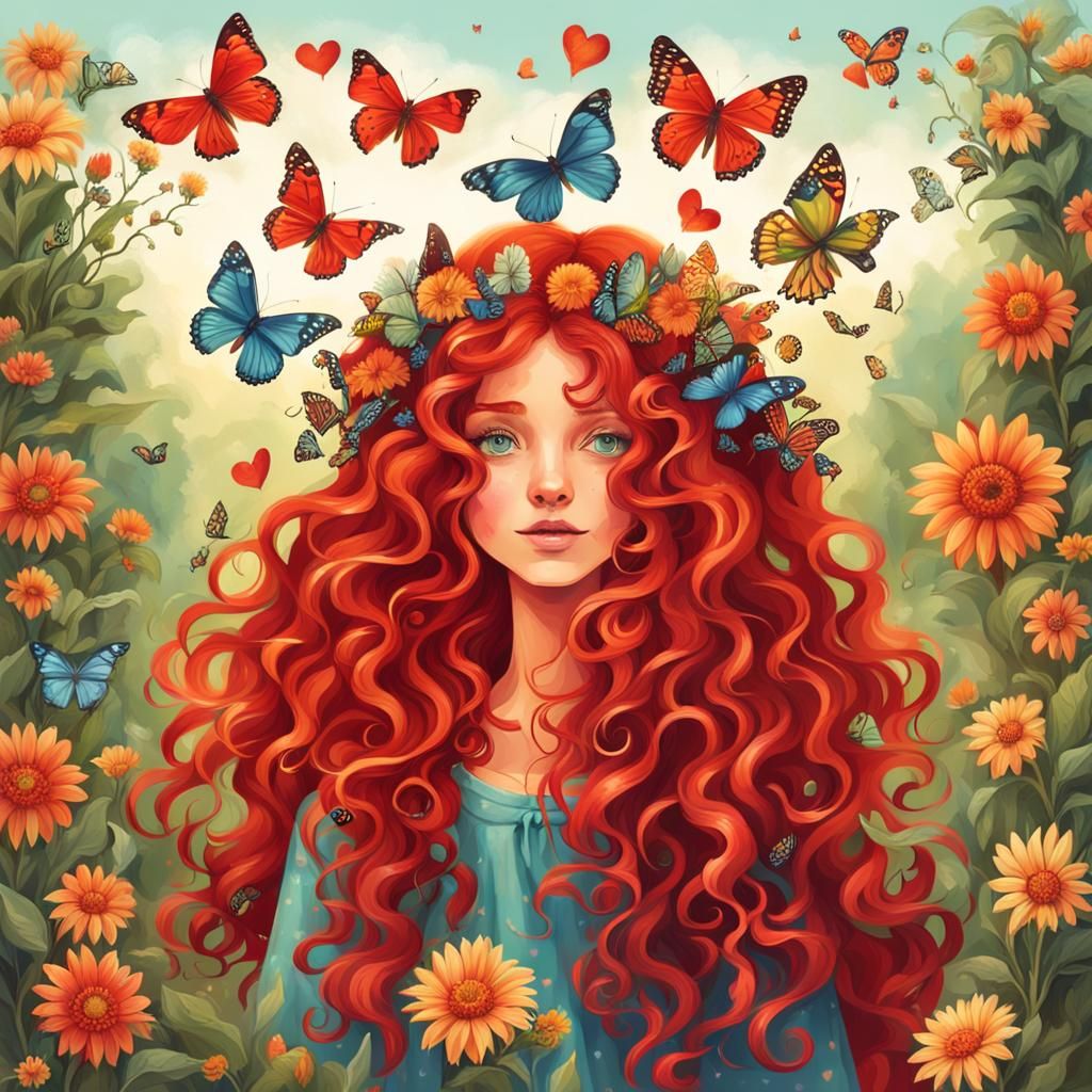 Hippie Girl with Flowers, Hearts, and Butterflies