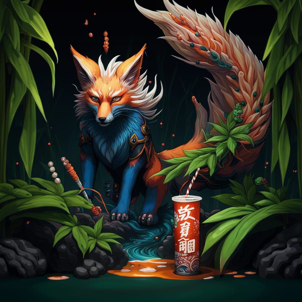 Nine-Tailed Fox Sipping Boba Tea in Japan