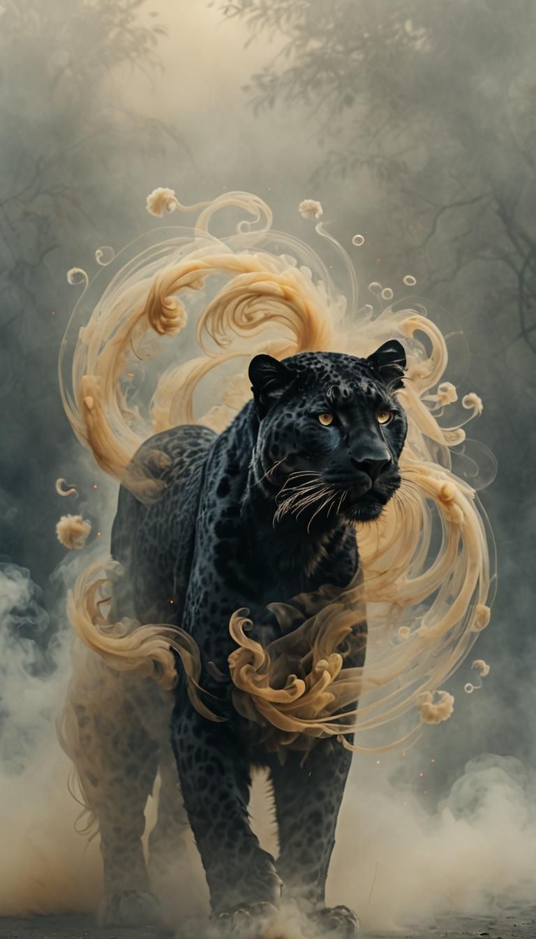 Black Leopard in Swirling Smoke: Surreal Portrait