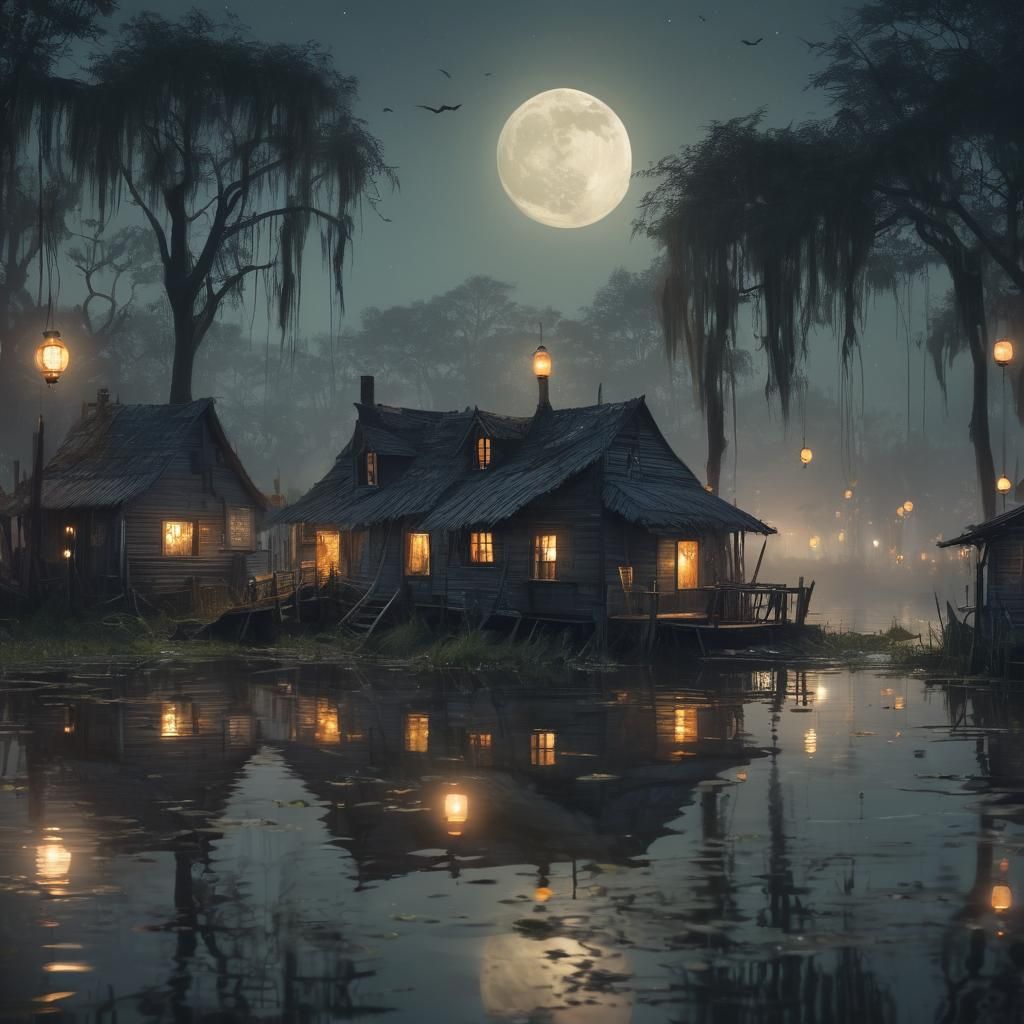 Ethereal Swamp Village Under Moonlight: Mixed Media Illustra...