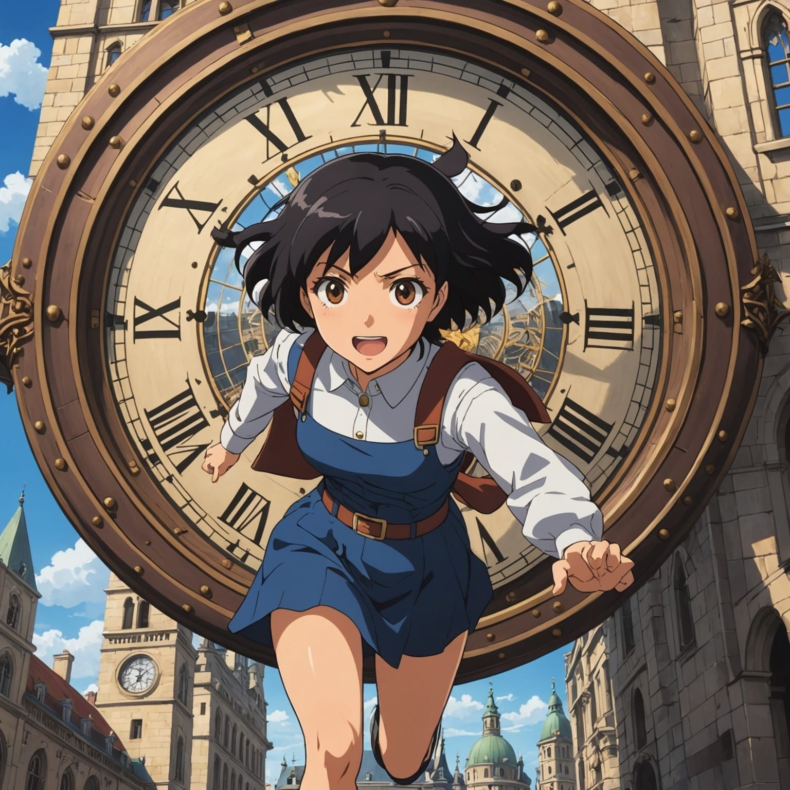 Anime Woman Runs in Clock Tower