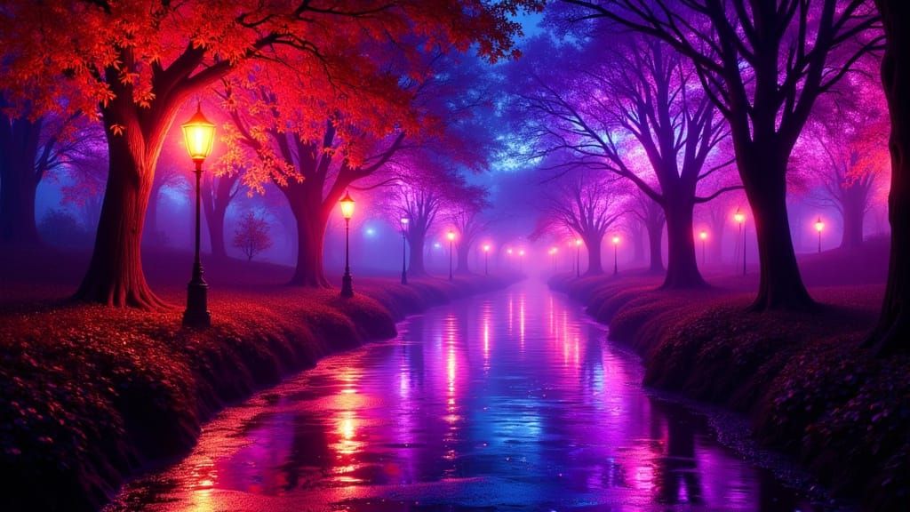 Vibrant Neon Autumn Landscape with Strobe Lights