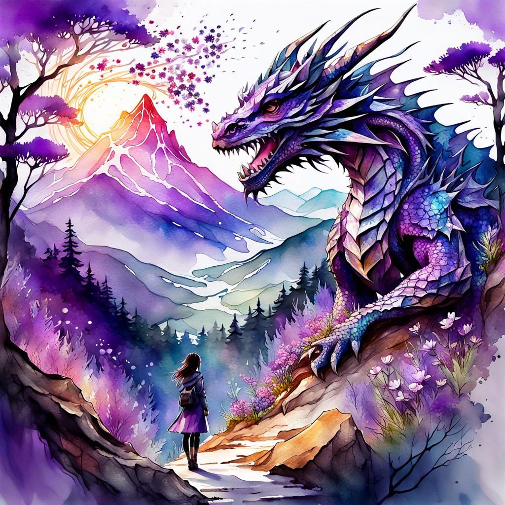 Chibi Girl and Dragon in Watercolor Fantasy Landscape