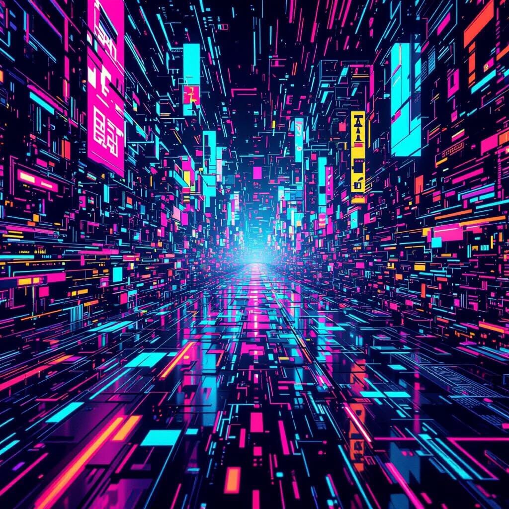 Cyberpunk Glitch Art with Neon Lines and Psychedelic Shapes