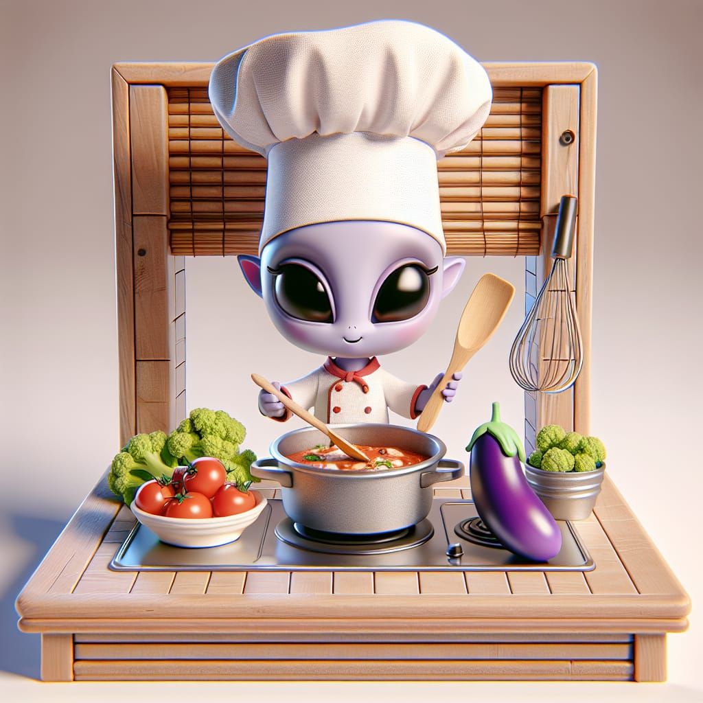 Disney Pixar style 3D adorable little girl alien chef, wearing a chef’s hat, cooking eggplant Parmesan, in an Italian st...