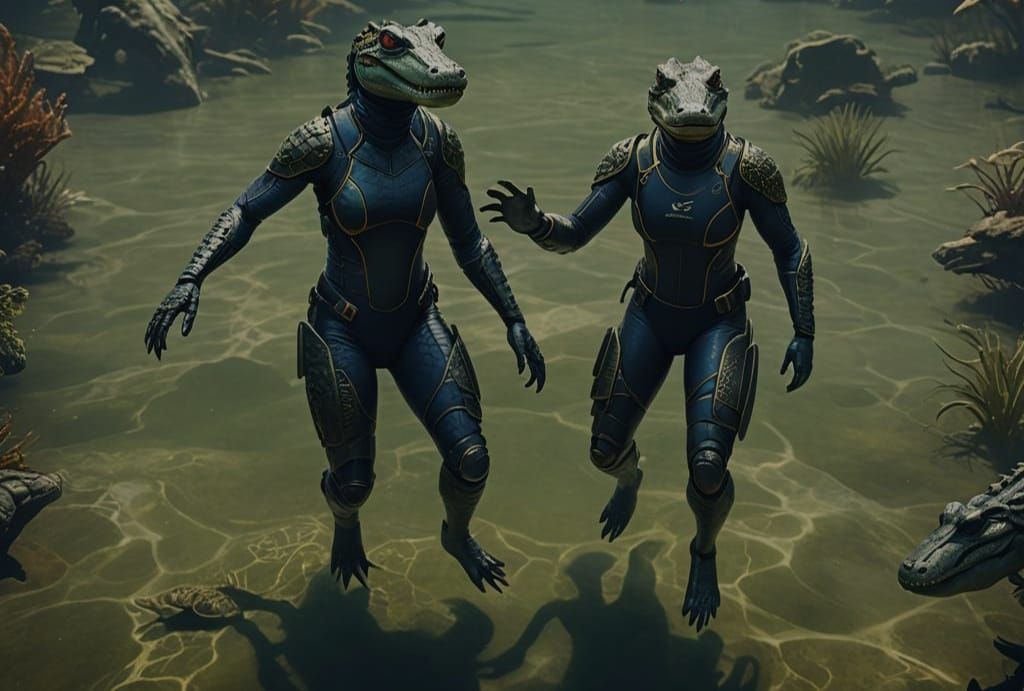 Humanoid Alligator Swims Underwater: Fantasy Concept Art