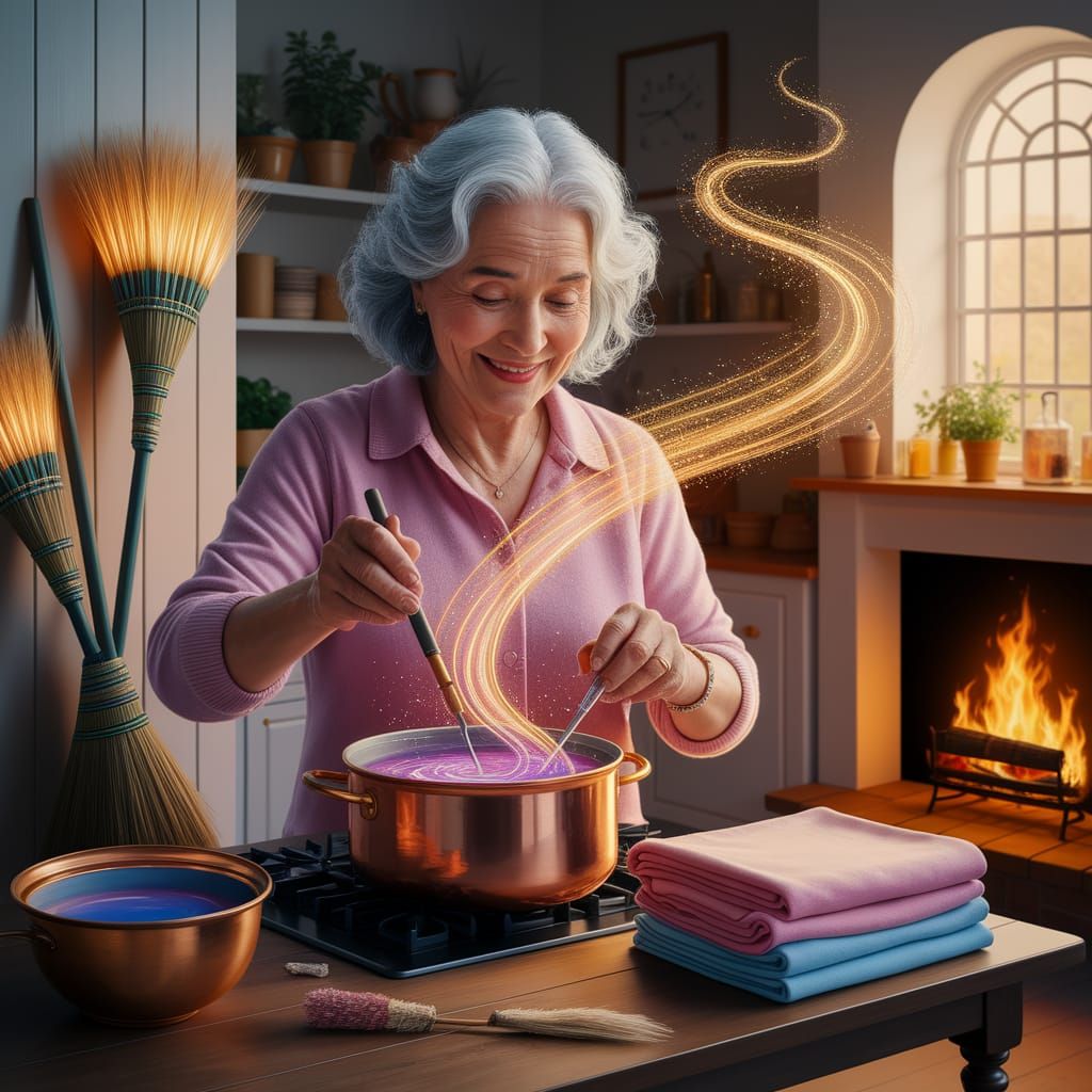 Enchanted Kitchen Scene with Elderly Woman Stirring Potion