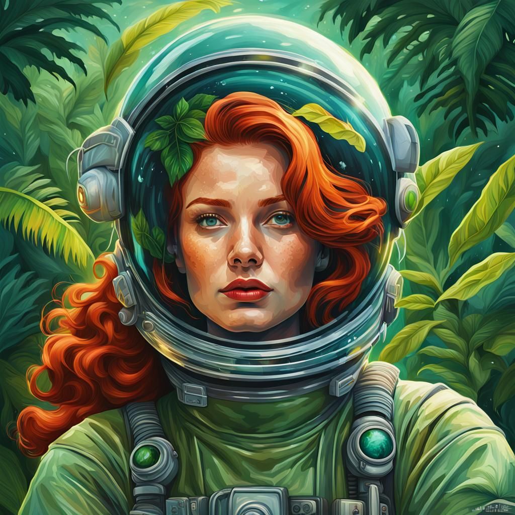 Redhead Astronaut in Sci-Fi Helmet Reflecting Jungle Planet