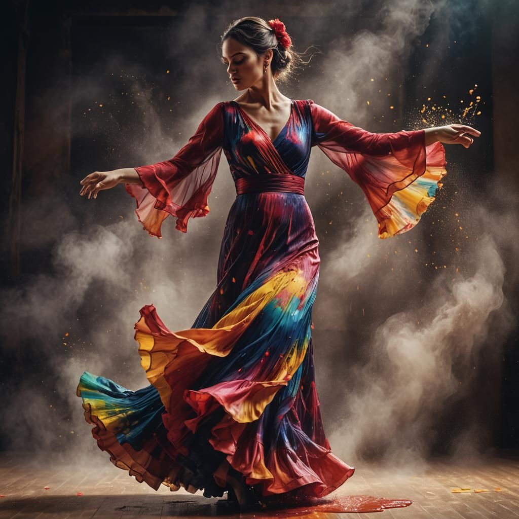 Flamenco Dancer in Flowing Oil Dress