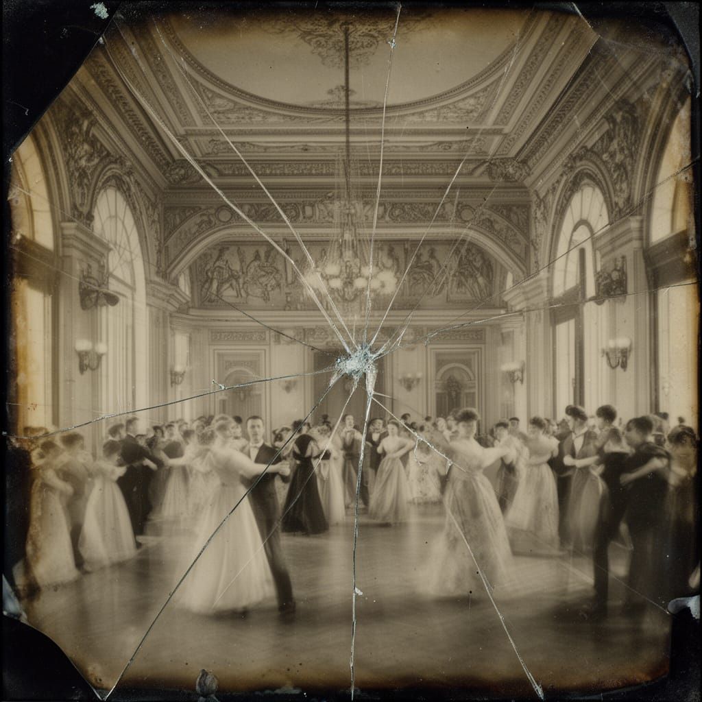 Ghostly Ball in Grand Ballroom, Faded Photographic Style