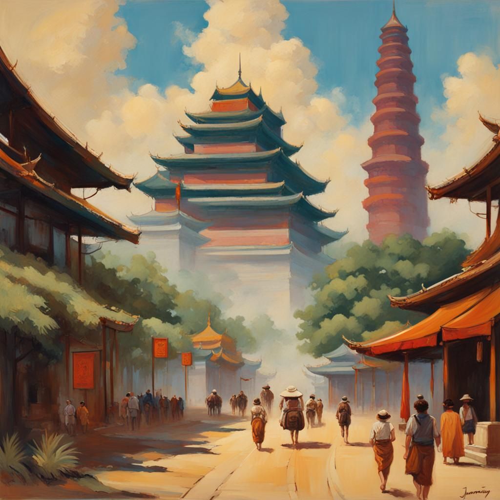 Vintage Asian Travel Poster in Oil Painting Style