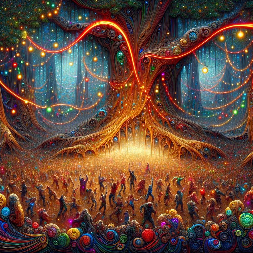 Jungle Rave Scene in Quilling Style with Fairy Lights