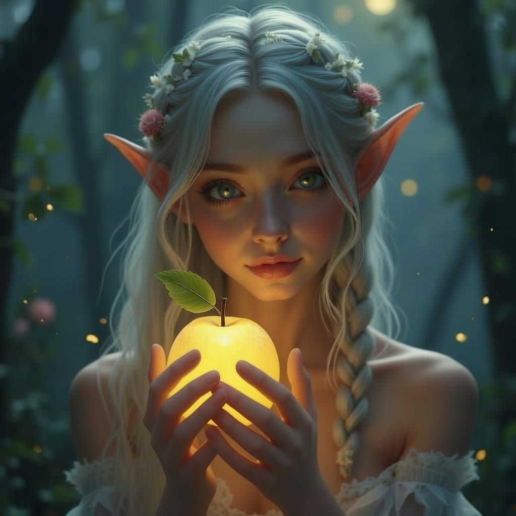 Elf Woman Eating a Magical Golden Apple