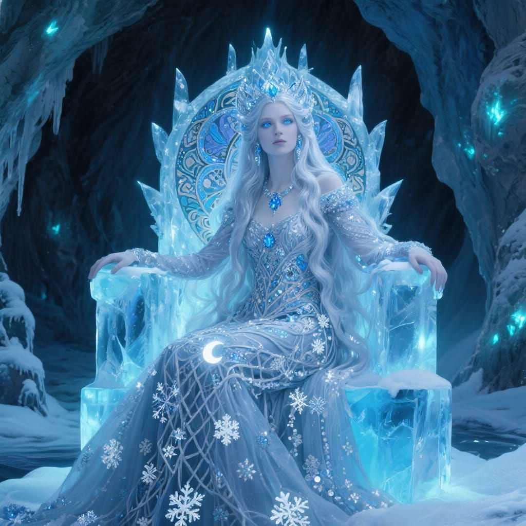 Ice Queen in Bioluminescent Grotto, Art Nouveau Style
