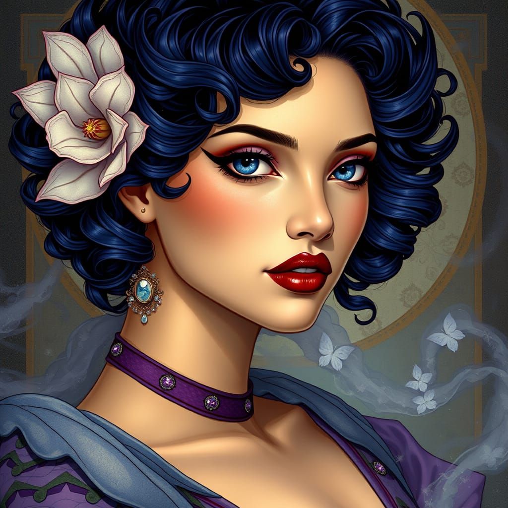 a captivating Art Nouveau-style female figure with striking ...