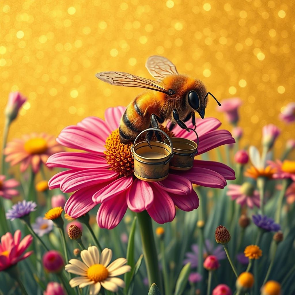 Bee in Glittering Meadow: A 3D Fantasy Illustration