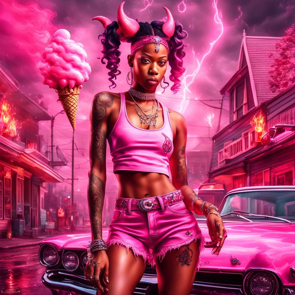 Hyperrealistic Ebony Devil in Pink with Strawberry Ice Cream