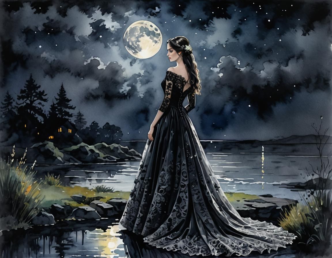 Gothic Bride Under Moonlight: Watercolor Art
