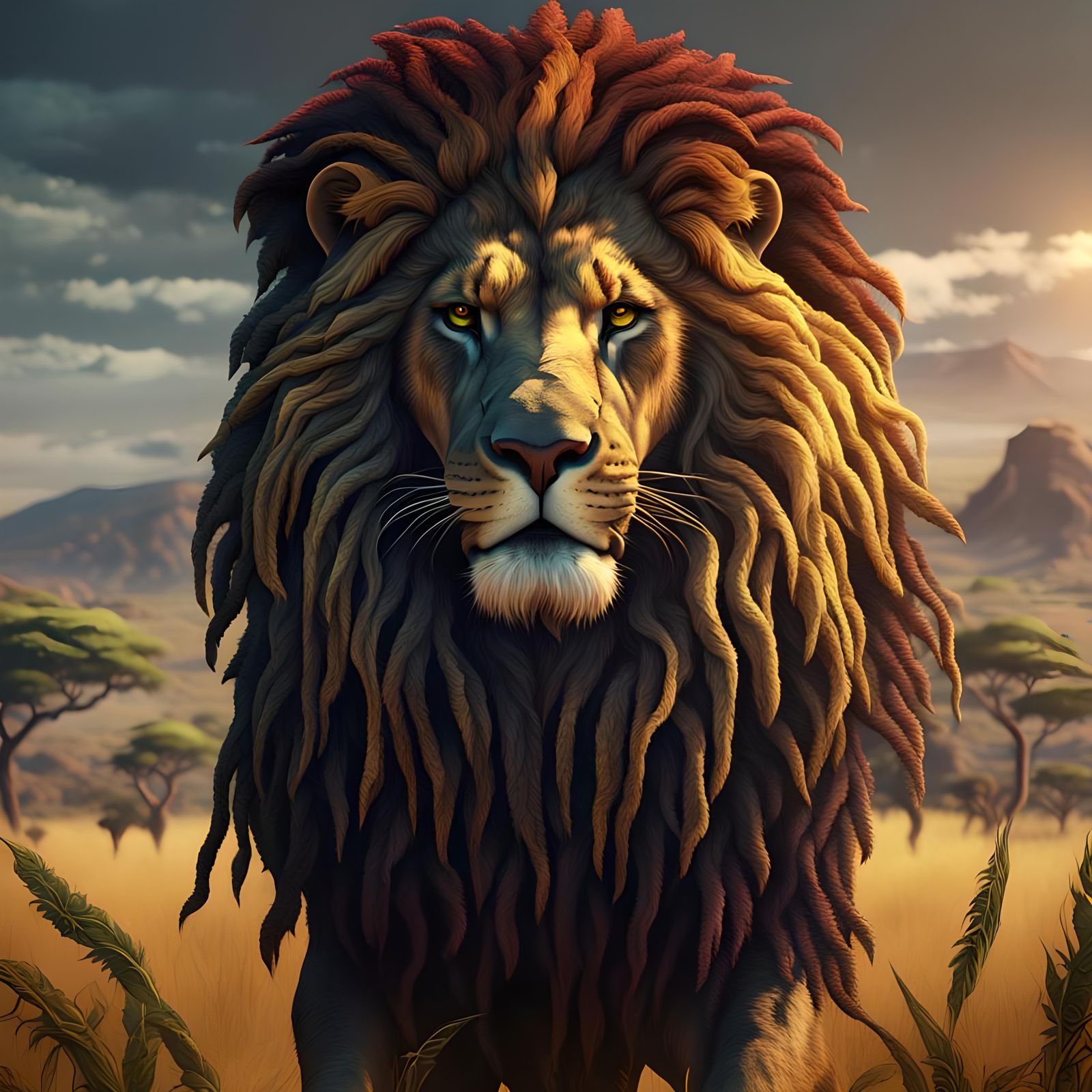 Rasta Lion Portrait in Serengeti, Digital Art