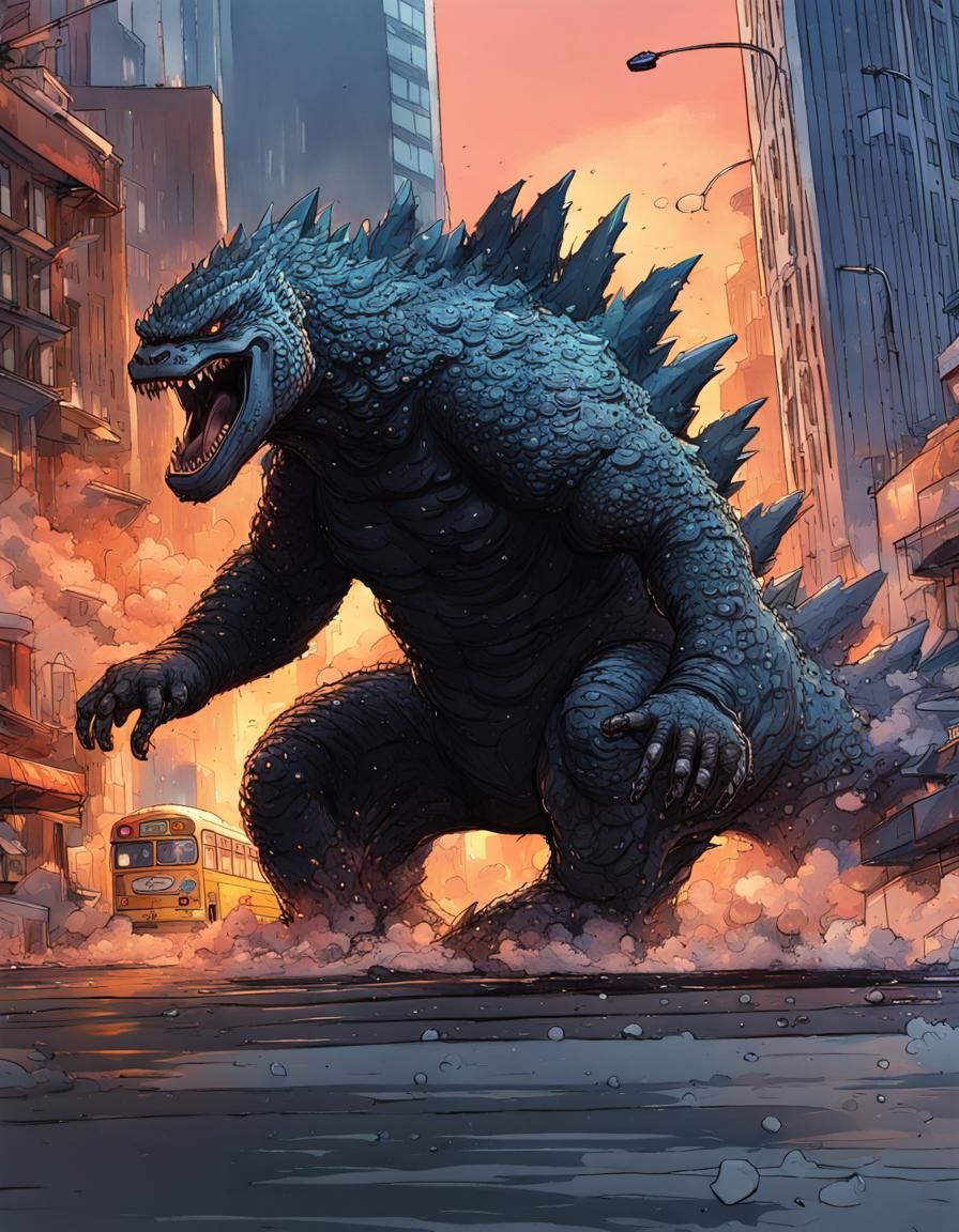 Godzilla's Rage: Hyperrealistic City Rampage at Dusk