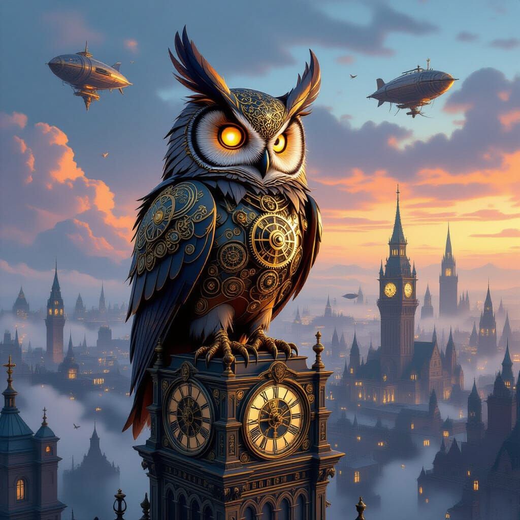 Steampunk Automaton Owl on Clock Tower