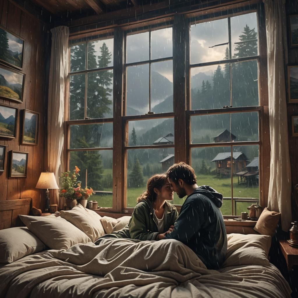 Romantic Cabin Scene under a Rainy Night Sky