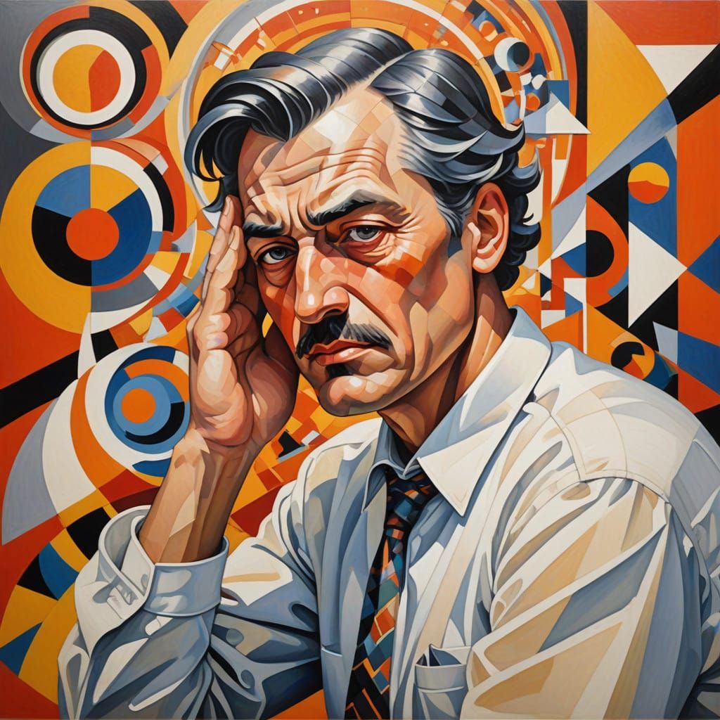 Fatigued Man in Vibrant Cubist Landscape