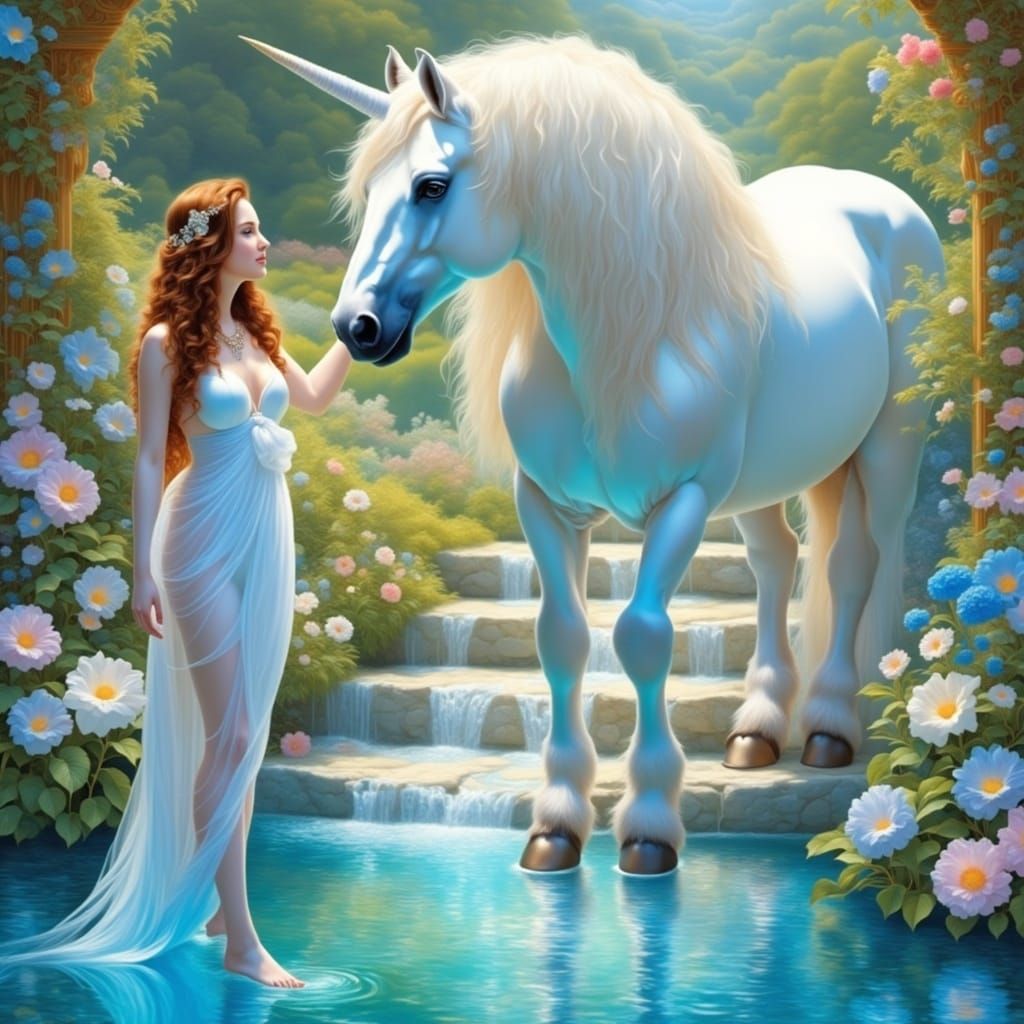 Glistening White Unicorn with Faerie in Lush Garden