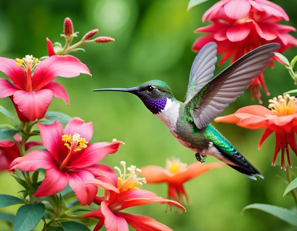 Hummingbird and Flower in Green Backyard Setting