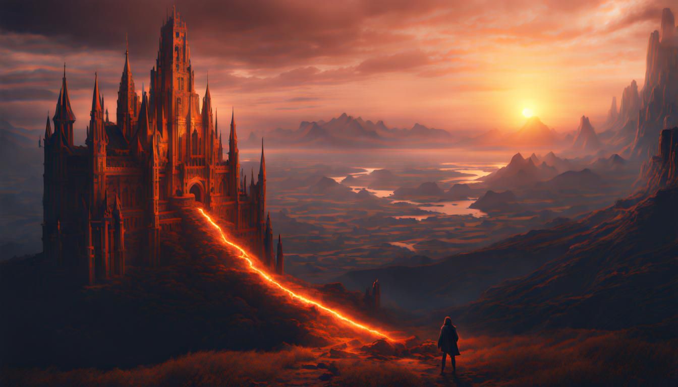 Orange Sunset in a Dramatic Fantasy Landscape