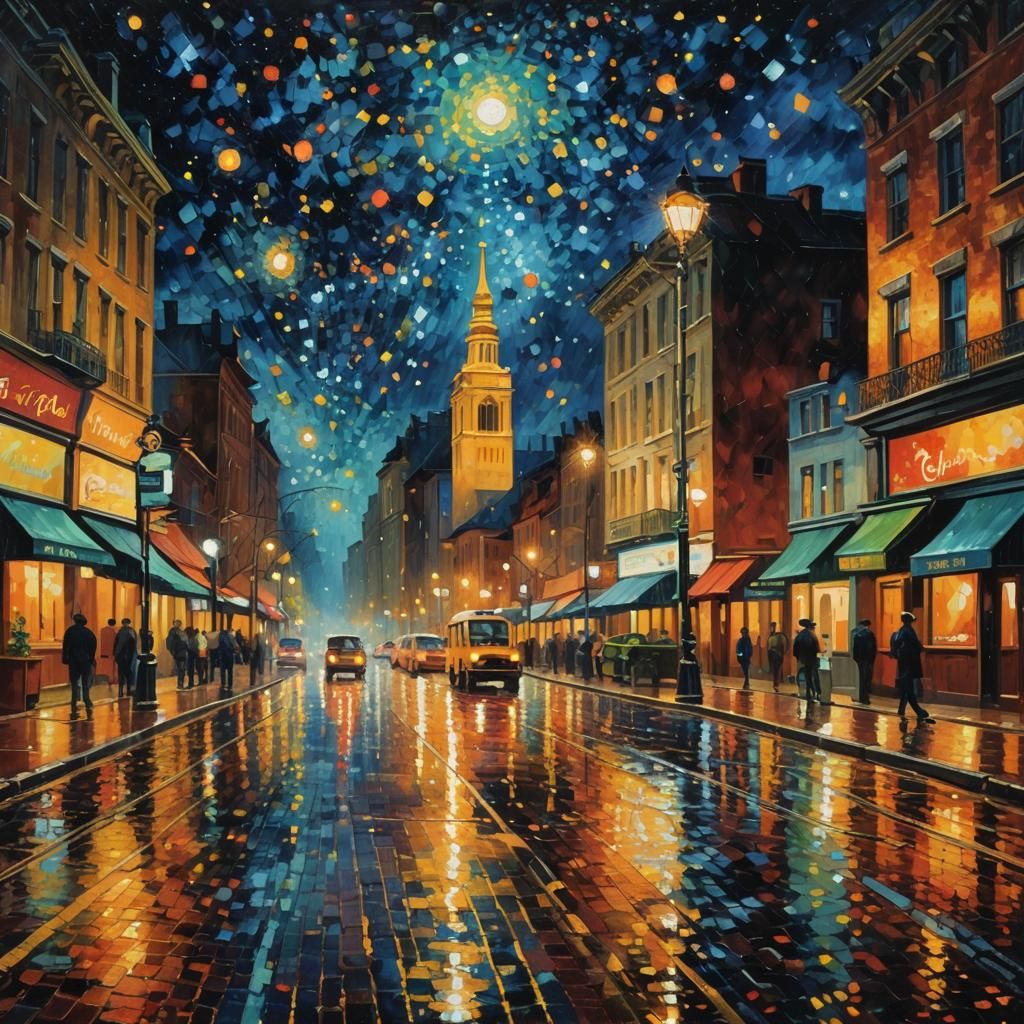 Vibrant Cityscape at Night in Pointillist Impressionism
