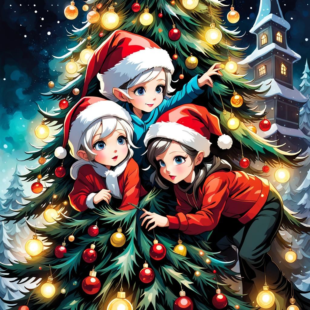 Grandmas Climbing Christmas Tree in Chiaroscuro Style