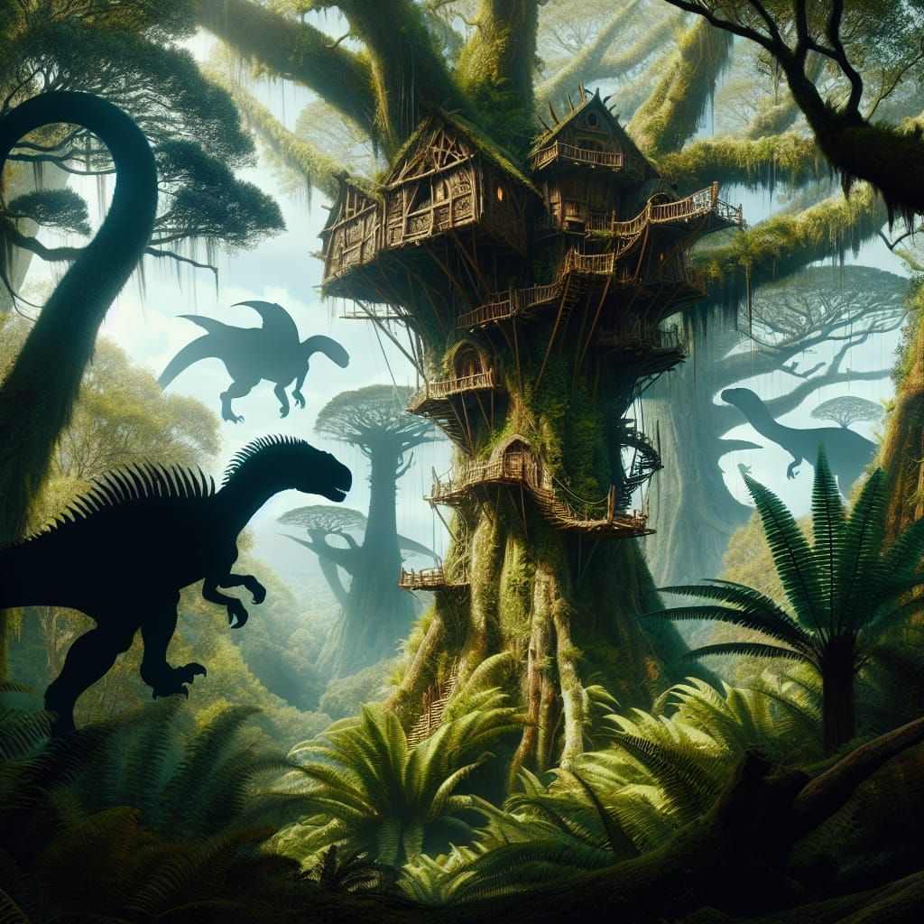 Fantasy Treehouse in Prehistoric Forest with Dinosaurs
