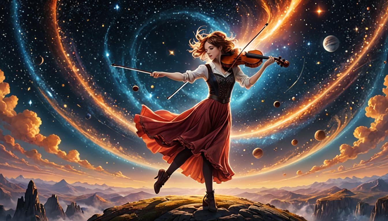 Cosmic Violin Dance: Holographic Astral Illustration