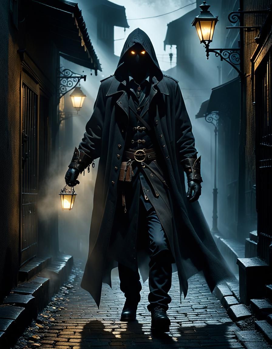 Cloaked Assassin in Fog-Shrouded Alley
