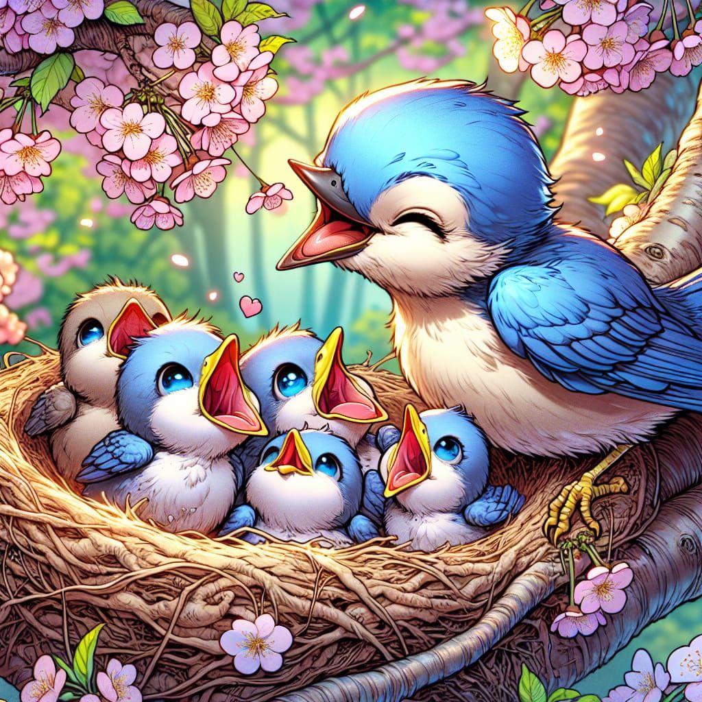 Adorable Springtime Scene of Mother Blue Bird and Baby Birds...