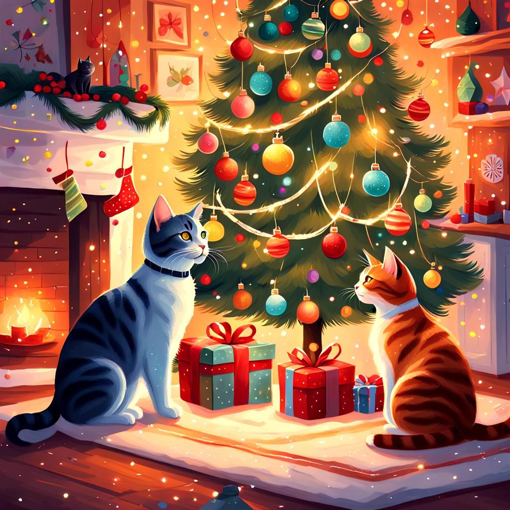Festive Cats Play Under Christmas Tree