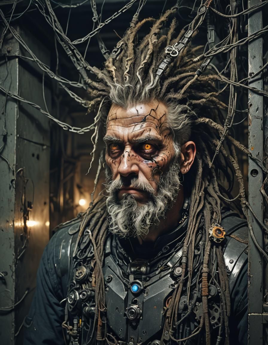 Dreadlocked Cyborg in Haunted Corridor: Gothic Film Still