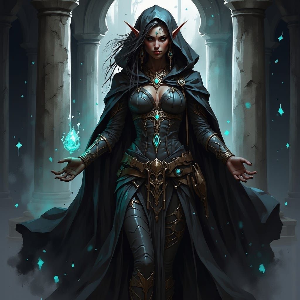 Dark Elf Priestess in Mystical Temple, Fantasy Art