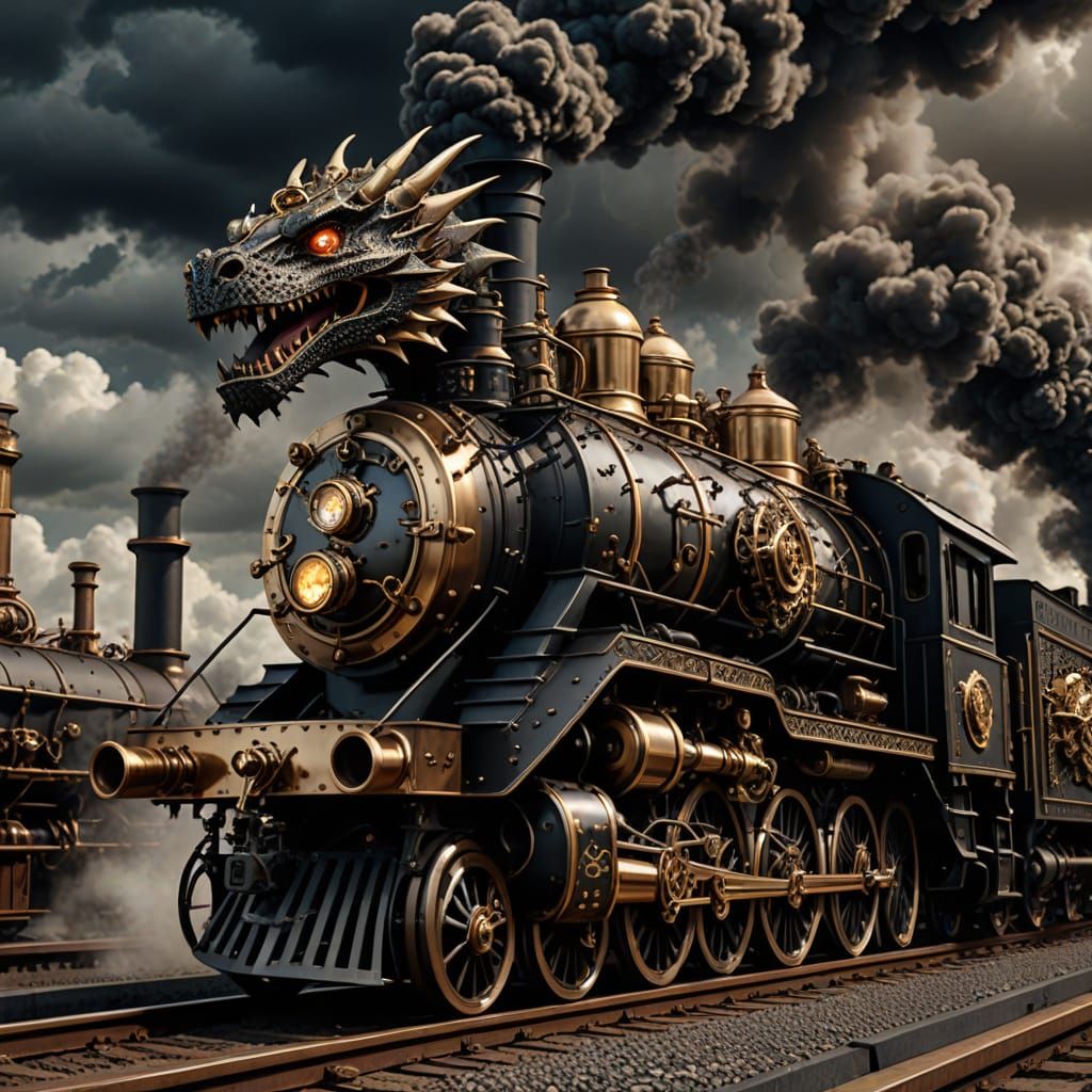 Steampunk Iron Dragon Locomotive with Brass Accents