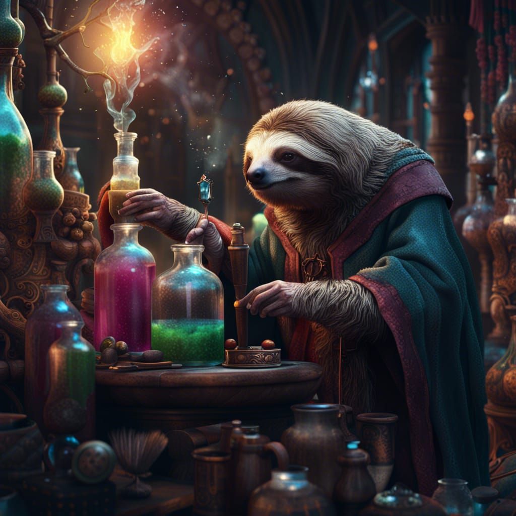 Sloth Wizard Mixing Potions: Digital Matte Painting