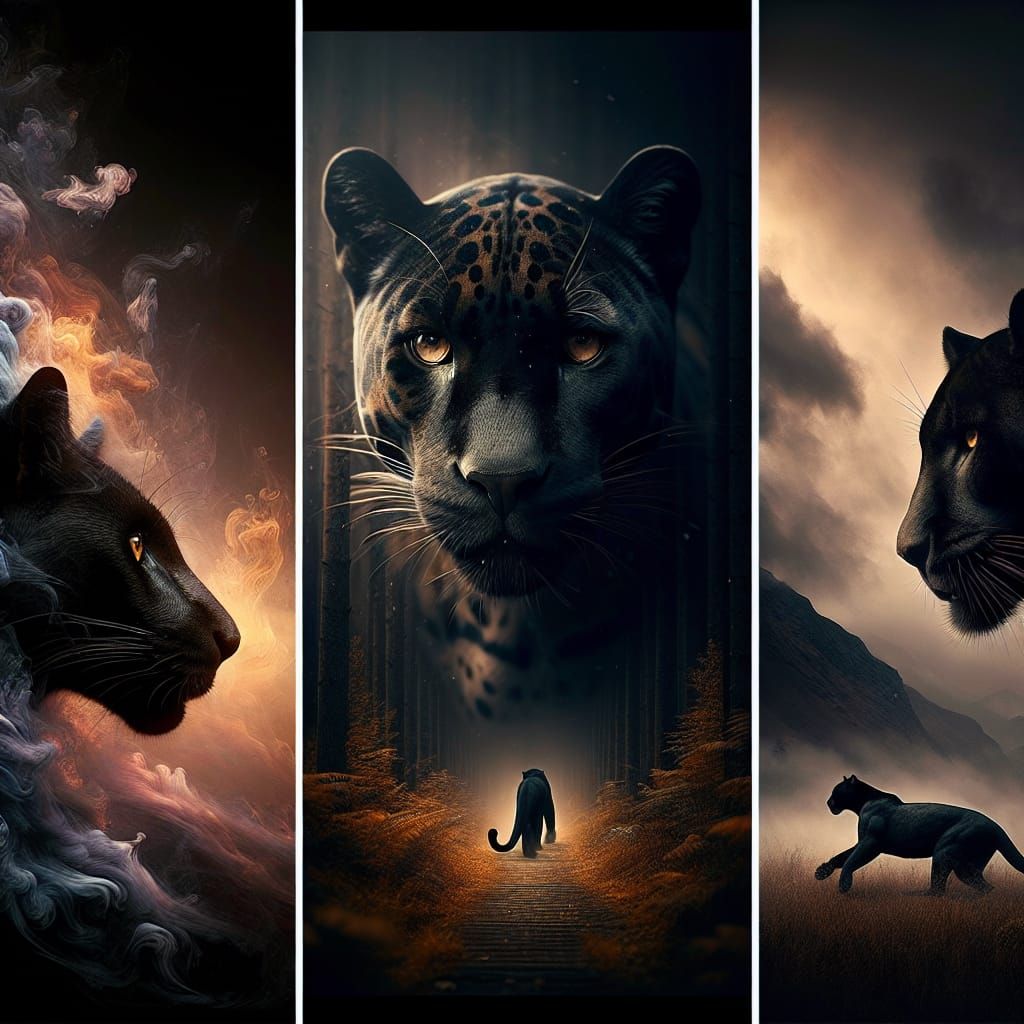 Black Puma, Leopard and Jaguar Triptych